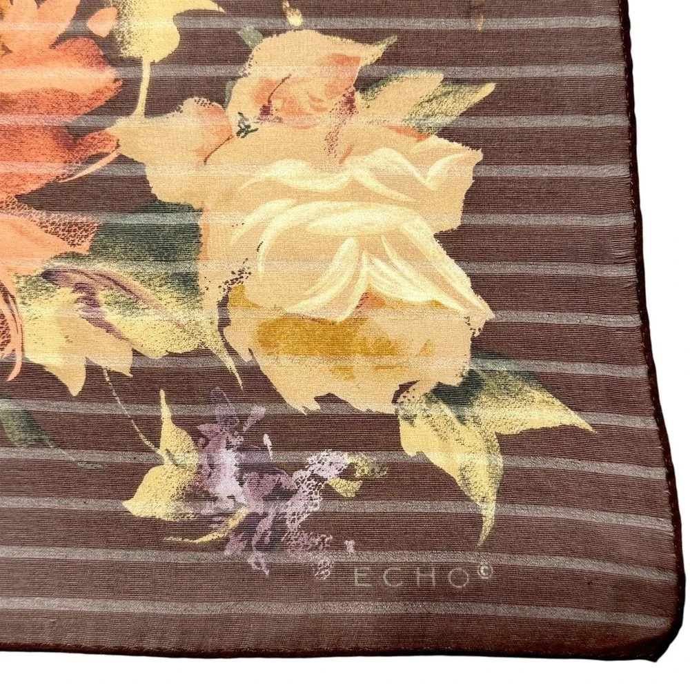 Echo Silk Scarf Vintage Brown Floral Striped Square 34 x 35